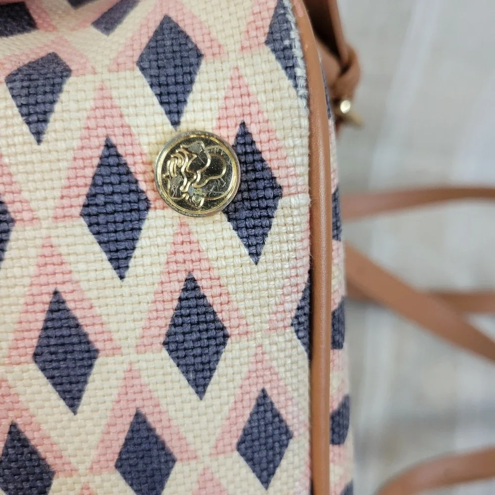 Spartina 449 Chloe Backpack Natural Linen Genuine Leather‎ Pink Tan Neutral
